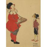 After Mabel Lucie Attwell - Simple Simon met a pie man, watercolour, inscribed verso, mounted,