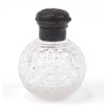 Victorian globular cut glass scent bottle retailed by Asprey, having silver plated mounts embossed