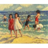 Beach scene with children, oil on board, signed Bernstein, framed, 29cm x 20cm :For Further