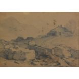 John Callow - Stream before farm building and mountains, 19th century pencil, mounted, unframed,