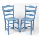 Pair of reclaimed blue painted church/chapel chairs, 83cm high :For Further Condition Reports Please