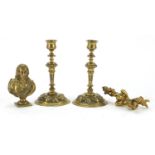 Classical metalware including a pair of candlesticks and bust, the largest each 17cm high :For