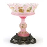 19th century Bohemian pink overlaid glass comport with ornate bronze base, the comport hand