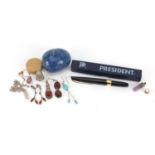 Objects including silver Jewellery a Bakelite egg shaped ring box and a President fountain pen :
