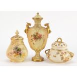 Two Royal Worcester blush ivory potpourri vases with covers and a vase with cover and twin