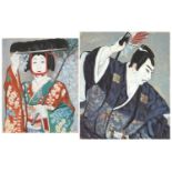 Geisha girl and warrior, near pair of Japanese school mixed media's, inscriptions verso, each
