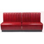 American style two section dining benches with red leatherette upholstery, 101cm H x 226cm W x 64.5D