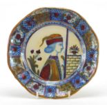 Antique Italian lustre pottery plate hand painted with a young figure and flowers, 21cm in