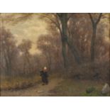 Attributed to Tom Robertson - A Surrey lane, oil on board, mounted and framed, 22cm x 17cm :For