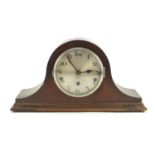 Oak cased Napoleon hat shaped Westminster chiming mantel clock, 44cm wide :For Further Condition