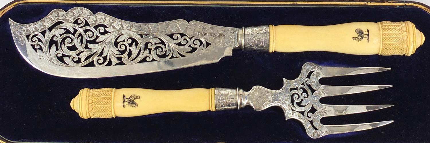 Victorian silver and ivory fish servers by George Unite, Birmingham 1884, 29cm in length, housed - Image 2 of 8