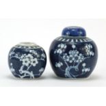 Two Chinese blue and white porcelain ginger jars, one with cover, each hand painted with prunus