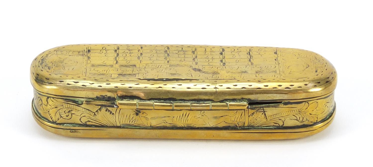 18th century Dutch seaman's brass tobacco box of Pieter Holm, 16cm wide :For Further Condition - Image 3 of 9