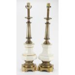 Pair of brass Stiffle table lamps with porcelain bodies, each 68.5cm high :For Further Condition