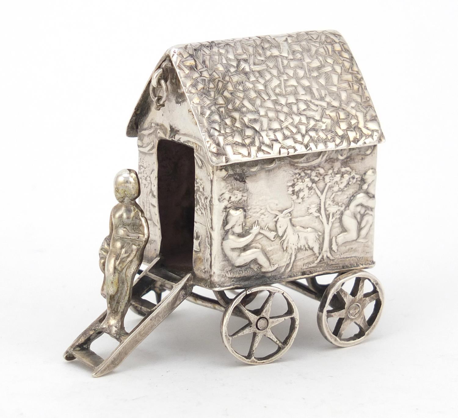 Victorian silver model of a young figure on a wagon, embossed with Putti playing, indistinct - Image 2 of 8