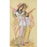 Rectangular Persian ivory plaque hand painted with two young females, signed with monogram, housed