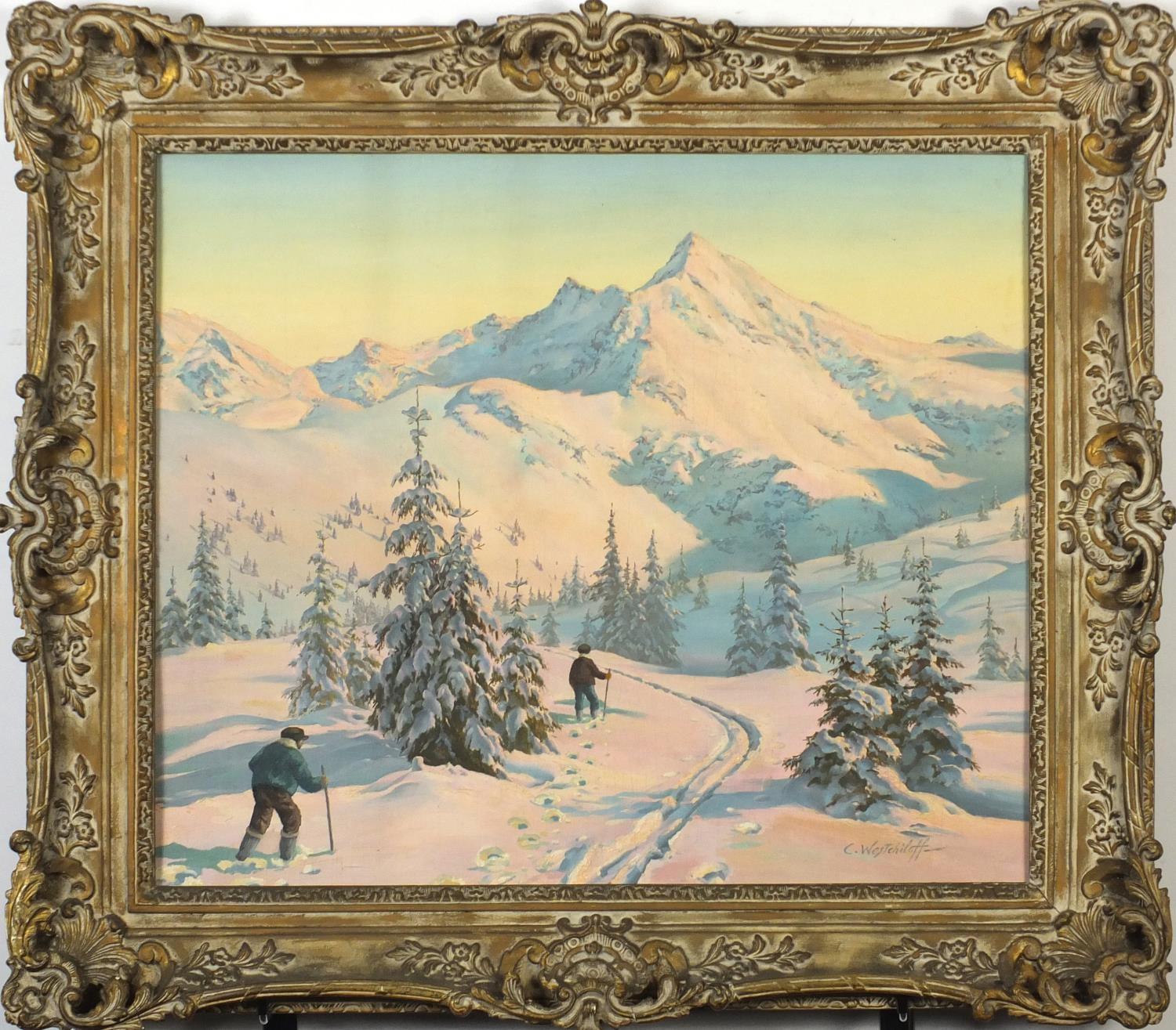 Manner of Constantin Westchiloff - Snow scene with men walking up the hill, oil on board, framed, - Image 2 of 4