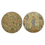 Pair of circular needlework panels, one of a female, both framed, each 17cm in diameter :For Further