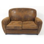 Contemporary two seater settee with brown faux leather upholstery, 81cm H x 143cm W x 94cm D :For