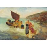 Figures and a boat before cliffs, oil on board, bearing a signature Jay R Ravant, 19cm x 13cm :For