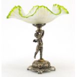 German Art Nouveau silver plated Putti design comport with green and vaseline glass frilled bowl