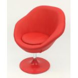 Contemporary swivel lounge chair with red faux leather upholstery, 90cm high :For Further