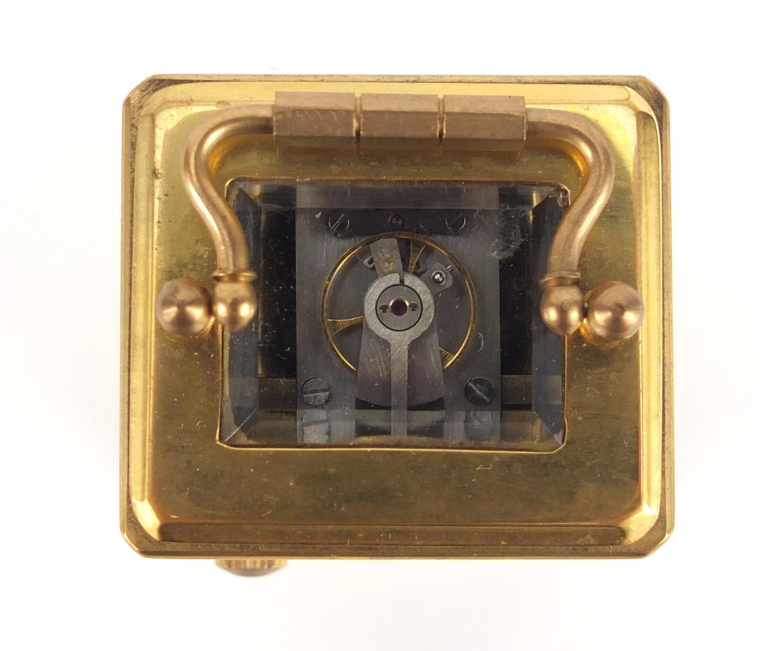 Miniature brass cased carriage clock with porcelain panels, hand painted and gilded with flowers, - Image 6 of 8