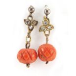 Pair of antique unmarked gold and silver diamond and coral earrings, 2.5cm in length, 3.2g :For