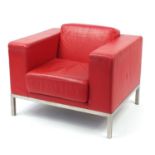 1970's design armchair with red leather upholstery, 64cm H x 88cm W x 75.5cm D :For Further