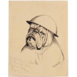 Bertram Howitt-Lodge - Bulldog wearing tin helmet, military interest ink sketch inscribed,