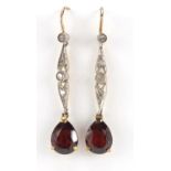 Pair of antique unmarked gold, diamond and garnet tear drop earrings, 4cm in length, 3.0g :For