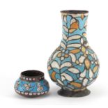 Syrian copper and enamel vase decorated with flowers and a similar small pot, the largest 24cm