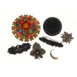 Antique and later jewellery including jet brooches and a silver leaf brooch :For Further Condition