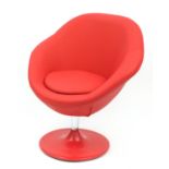 Contemporary swivel lounge chair with red faux leather upholstery, 90cm high :For Further