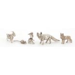 Five miniature silver animals comprising wolf, kingfisher, goat, dog and mouse, the largest 6.5cm in