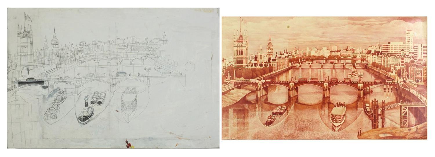 Alfred Daniels - Lambeth Palace and the House of Commons, preliminary pencil, watercolour and