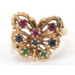 9ct gold multi gem butterfly ring, set with rubies, sapphires and emeralds, size 0, 3.5g :For