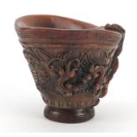 Chinese libation cup carved with water dragons, 12cm high :For Further Condition Reports Please