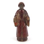Antique Chinese red lacquered wood carving of a man wearing a robe, 24cm high :For Further Condition