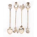 Set of four silver coloured metal teaspoons with wild animal terminals, 11.5cm in length, 39.8g :For