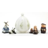 China and glassware including Goebel monk cruet, Russian USSR panda, musical Delft windmill and