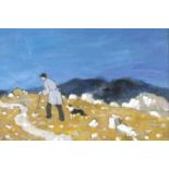 Manner of KW - Elderly man walking his dog, Welsh school oil, mounted and framed, 55cm x 38cm :For