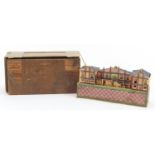 Victorian diorama of trains passing through a station with wooden crate, 25cm wide :For Further
