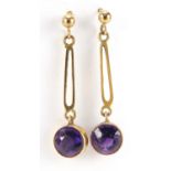 Pair of 9ct gold amethyst drop earrings, 3cm in length, 1.6g :For Further Condition Reports Please