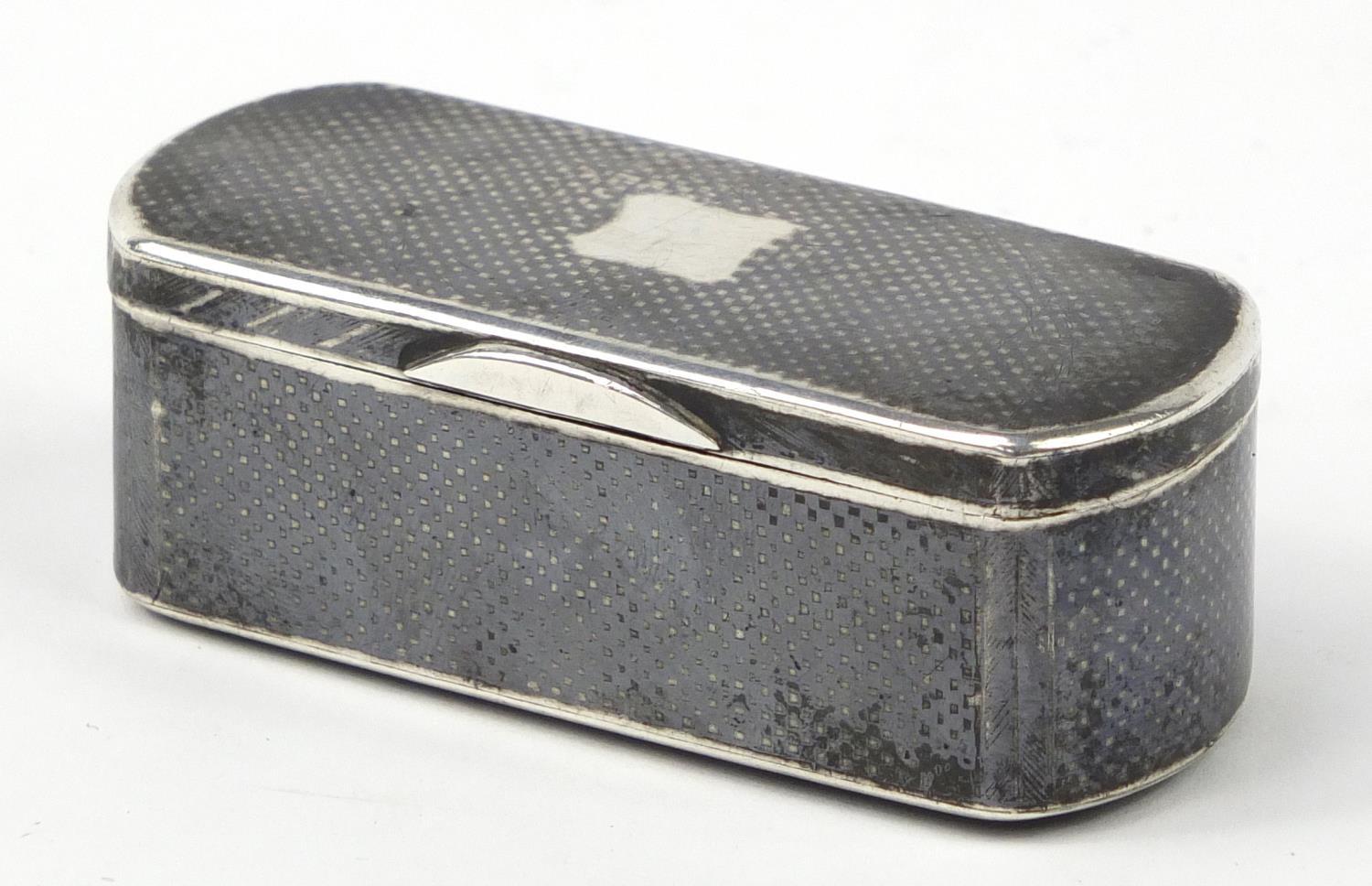 Russian silver niello work snuff box with hinged lid, NN maker's mark, 1867, 8cm wide, 83.6g :For