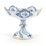 Meissen porcelain pierced tazza, hand painted in the Blue Onion pattern, crossed sword marks to