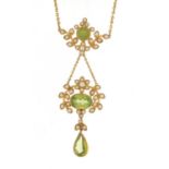 Art Nouveau 15ct gold peridot and seed pearl necklace, 36cm in length, 8.2g :For Further Condition