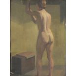 Standing nude female in an interior, oil on canvas laid on board, framed, 32cm x 23cm :For Further