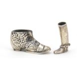 Novelty unmarked silver match striker in the form of a boot and an Italian silver boot, the largest,
