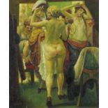 Manner of Laura Knight - Theatrical dressing room with nude female, modern British school oil on